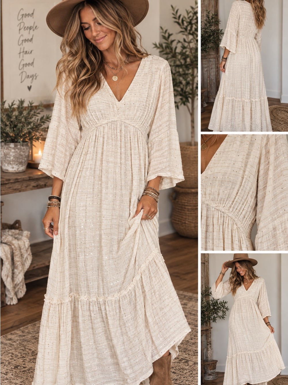 PQ Cream Sparkle Boho Maxi Dress